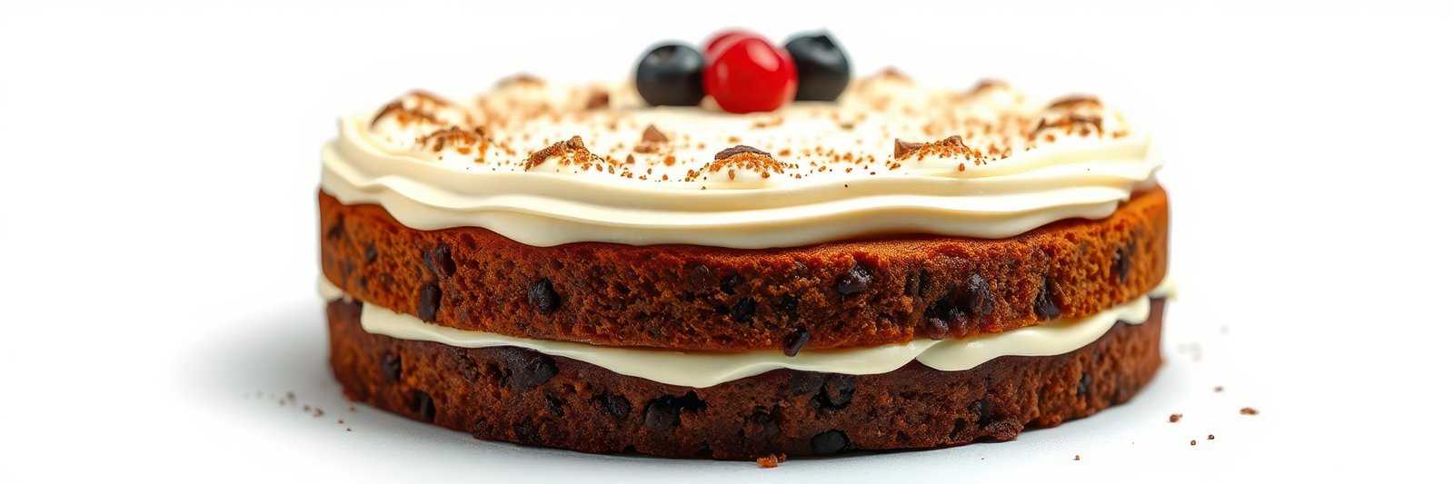 Delightful dessert cake topped with creamy frosting and fresh berries on a white background